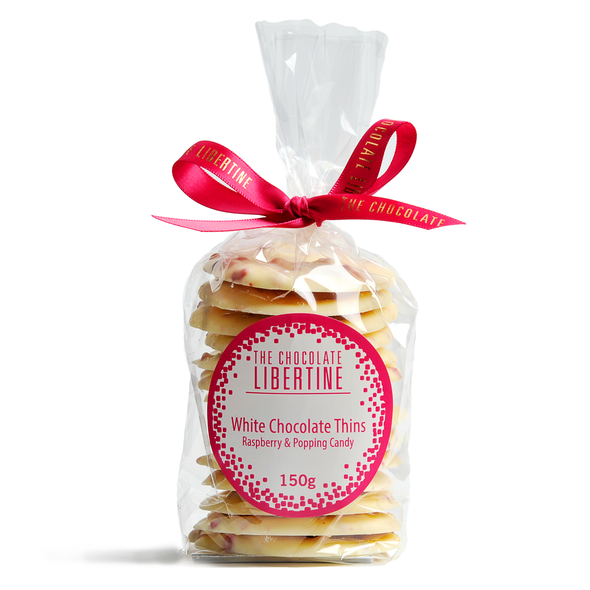 The Chocolate Libertine - White Chocolate Thins with raspberry & popping candy