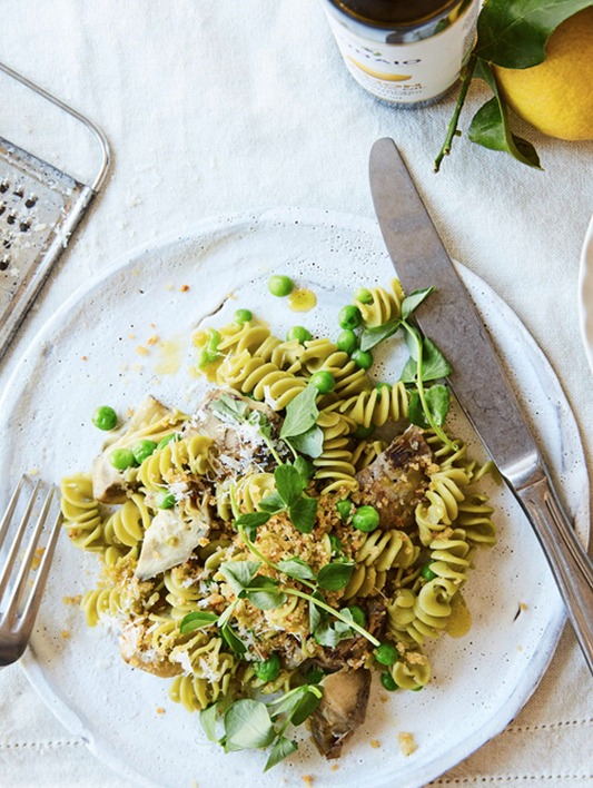 Green Pea Fusilli with Grilled Artichokes, Peas and Lemon Pangritata